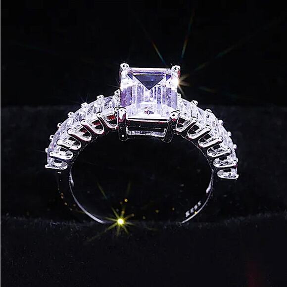 Sterling Silver Princess Cut Halo Baguette Diamond Ring - Picture 3 of 5
